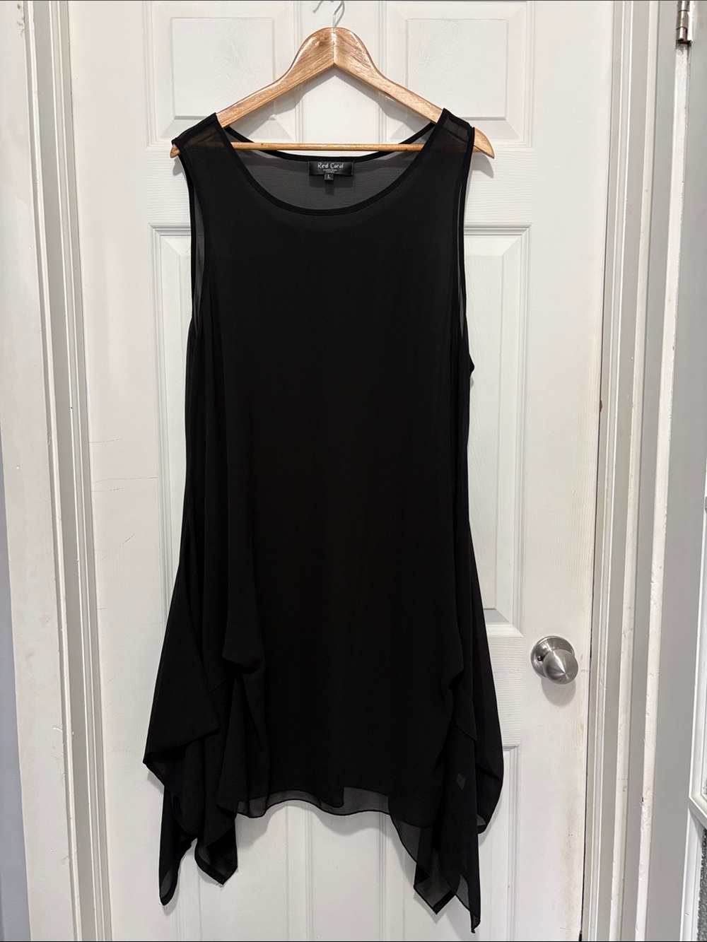 Red Coral Sleeveless Sheer Black Handkerchief Hem Tunic/Dress